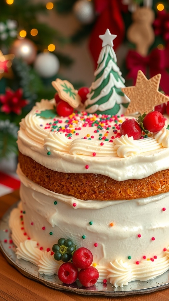 Two-Layer Christmas Cake Recipe A two-layer Christmas cake with cream cheese frosting, decorated with sprinkles and berries, on a festive table.